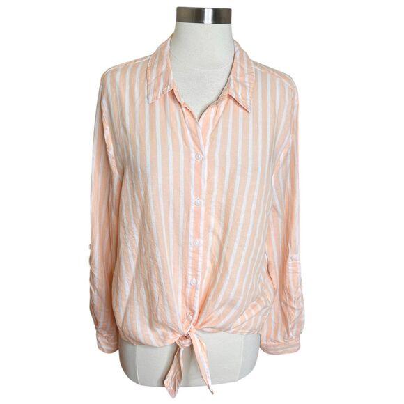 3/$30 Lola River Shirt Size Large Orange White Striped Tie Front Tencel Linen - Picture 1 of 11